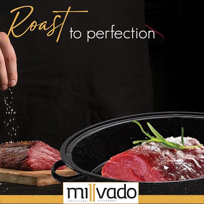 Millvado Granite Roasting Pan, 10 lb Capacity Turkey Roasting Pan with Lid, 15" Granite Oven Roaster Oval Shaped Speckled Enamel on Steel Cookware