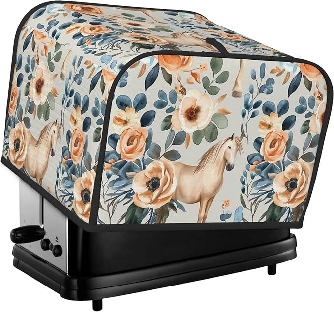Beige Flower Horses Covers for 4 Slice Toasters,Cute Country Bread Machine Cover with Handle,Washable Stain Resistant Kitchen Small Appliance Cover Dining Decor