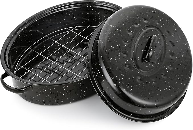 18” Roaster Pan with Lid and Rack, Large Enamel Roaster Pan with Oval Roasting Rack, Granite Baking Pot for Chicken Turkey Lamb, Heat Resistant, Oven/Dishwasher/All Stovestops Compatible