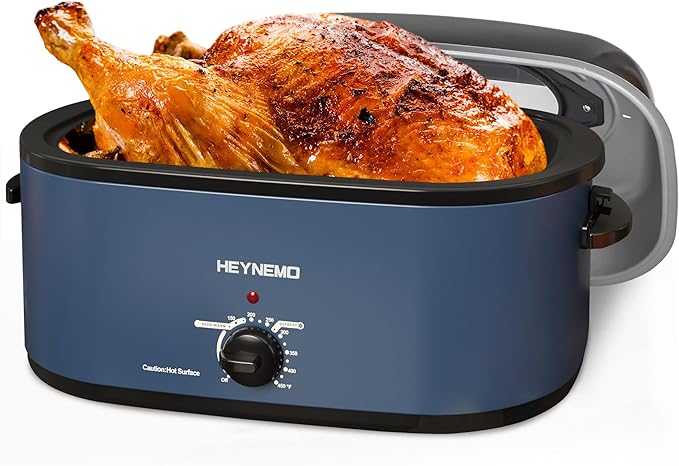 Roaster Oven 28 Quart, Electric Roaster Pan with Visible & Self-Basting Lid, Large Stainless Steel Electric Turkey Roaster Oven Defrost Warm Function, Removable Pan Rack, Fits Turkeys Up to 30LB, Blue