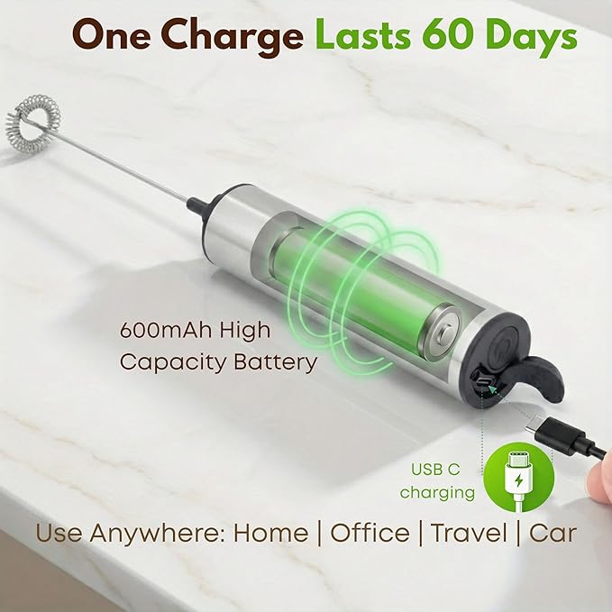 Rechargeable Milk Frother with Stand, Electric Whisks Foam Maker, POWERFUL USB C 2 Speed Handheld Drink Mixer for Coffee, Latte, Cappuccino, Matcha Drinks,Silver