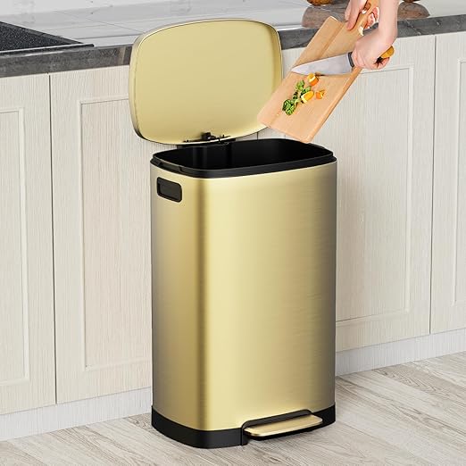 KdbK 13 Gallon Trash Can with Lid, 50L Fingerprint Proof Stainless Steel Kitchen Trash Can with Removable Inner Bucket and Lid Soft Close, Pedal Rubbish Bin for Home Office, Gold