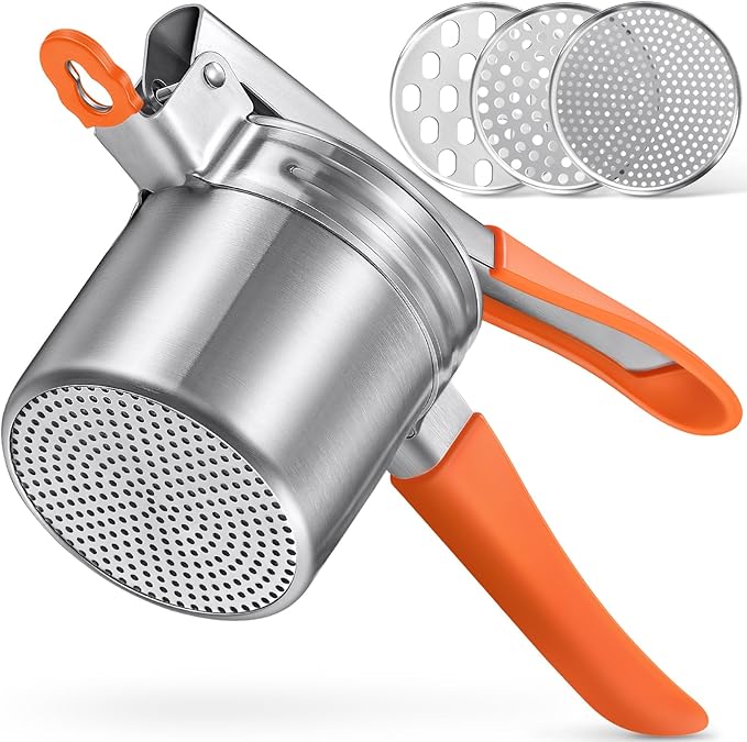Potato Ricer, Sopito Upgraded Stainless Steel Potato Masher with 3 Interchangeable Discs, Heavy Duty Kitchen Tool Gadget, Orange