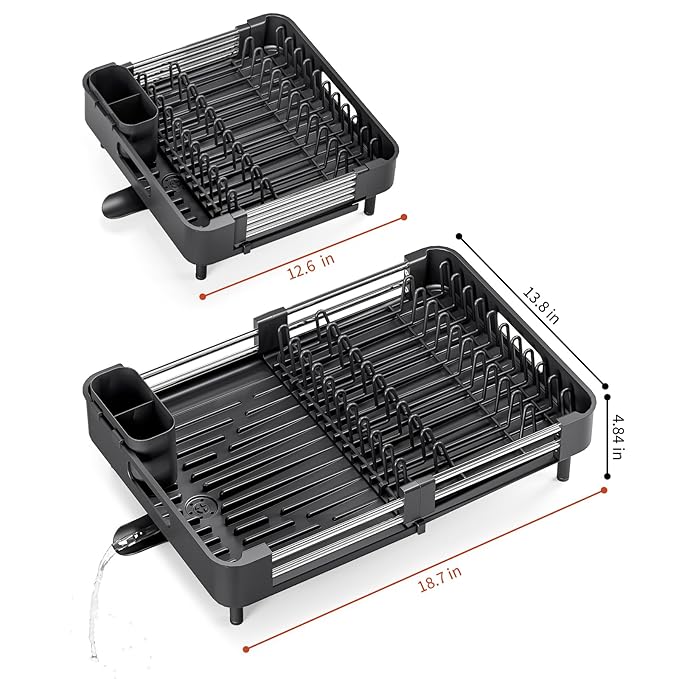 TOOLF Dish Drying Rack, Expandable Dish Rack for Kitchen Counter, Anti-Rust Dish Drainer, Sink Organization and Storage Essentials with Cutlery & Cup Holder, Black