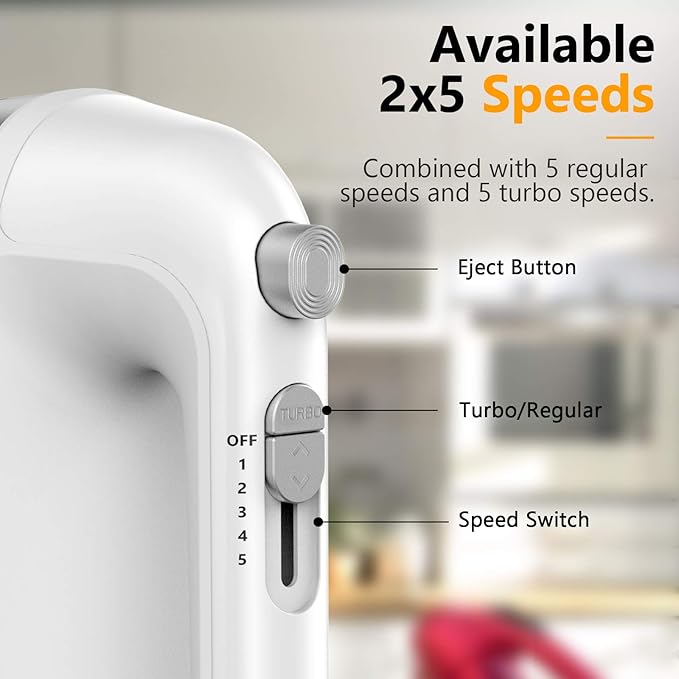Hand Mixer Electric, 450W Kitchen Mixers with Scale Cup Storage Case, Turbo Boost/Self-Control Speed + 5 Speed + Eject Button + 5 Stainless Steel Accessories, For Easy Whipping Dough, Cream, White