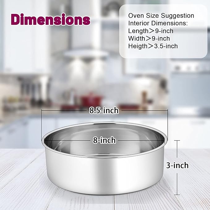 P&P CHEF 8 Inch Cake Pans Set, Round Baking Pan Stainless Steel Layer Birthday Wedding Cake Oven Pans, Non Toxic & Heavy Duty, Deep Side & Mirror Finish, Dishwasher Safe, (4Pcs)