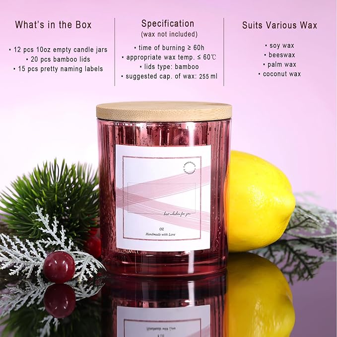 LAMORGIFT 10oz Rose Gold Empty Candle Jars With Lids - 12 Pack Making Containers - Mercury Glass Jars Include 15 Pcs Labels