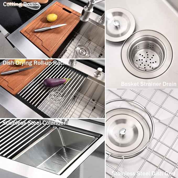 33 Inch Farmhouse Drop In Kitchen Sink Workstation - 33X22 inch Apron Front Kitchen Sink Workstation Single Bowl 16 Gauge Stainless Steel Farm Sink