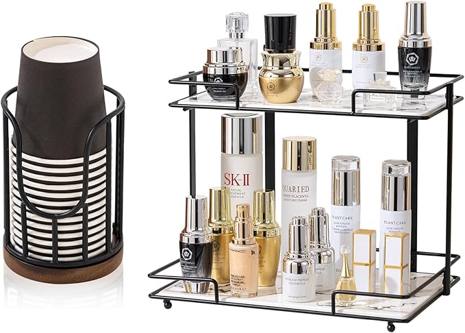 Black 2 Tier Bathroom Organizar and Black Bathroom Cup Dispenser with Acacia Wood Stand - Essential Bathroom Accessories for Toothbrush Holders & Mouthwash Cup Dispenser on Vanity Countertops
