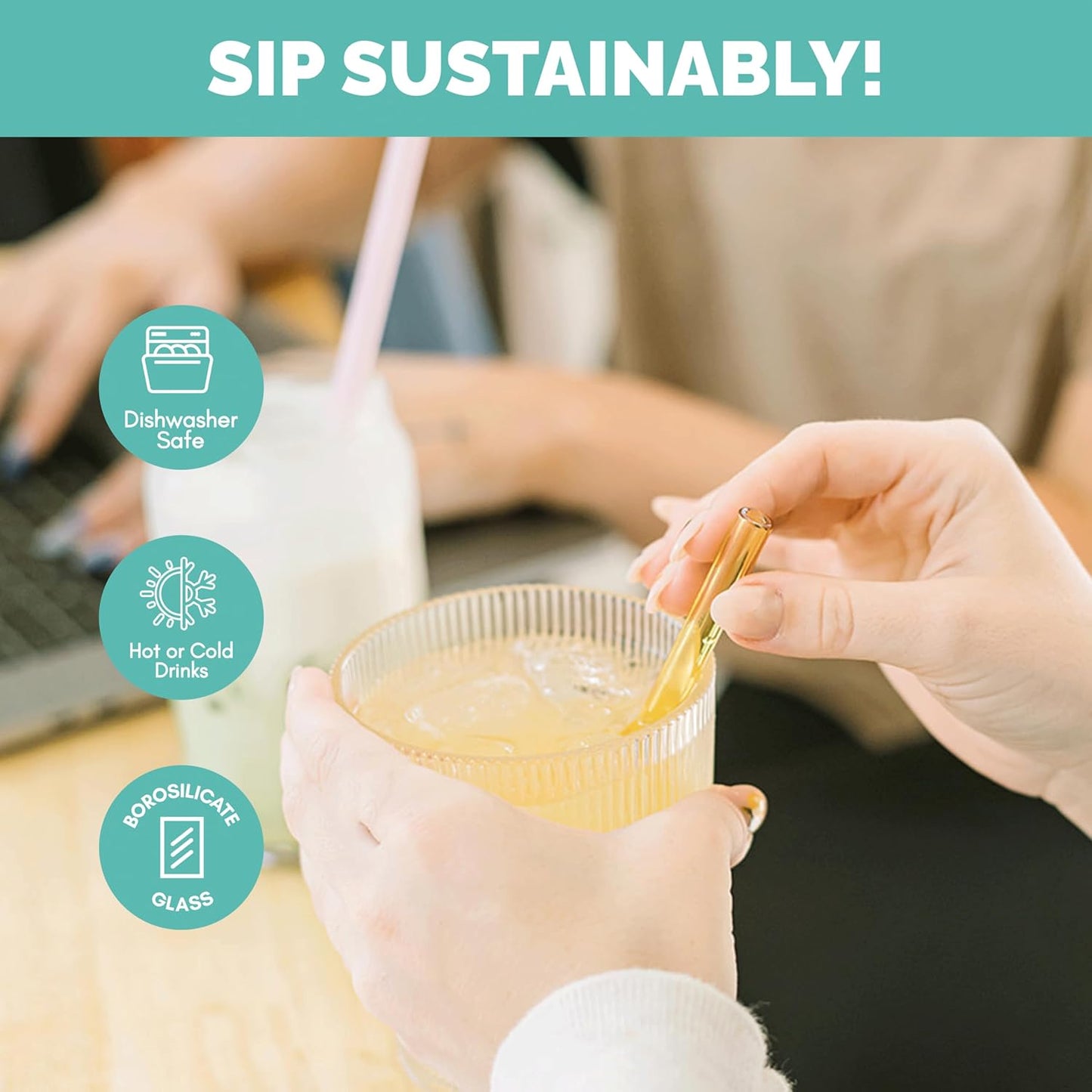 Simply Straws 6 Inch Glass Straws Straight (6-Pack) – Reusable Glass Straws for Low Balls & Stemless Glasses, with Cleaning Brush – Dishwasher Safe, Hot & Cold Use, BPA-Free (Fjord Mist)