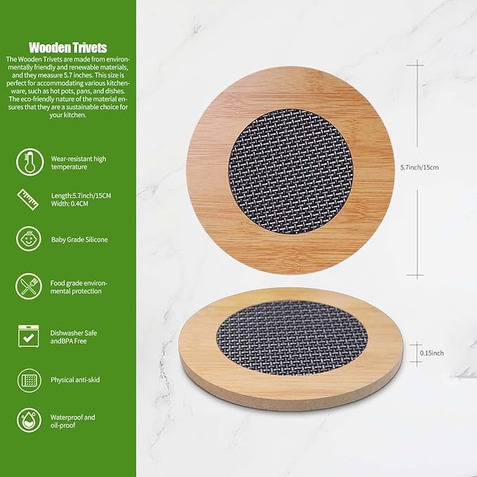 8 Pcs Wooden Trivets Hot Pads for Kitchen,5.7 Inch Trivets with Anti - Slip Mesh for Coffee Mat/Table Mats/Frying Pans/Hot Pot/Bowl/Teapot/(Round)