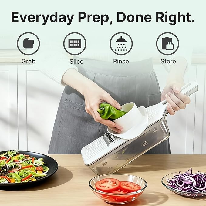 Multifunctional Handheld Mandoline Slicer for Kitchen with Drain Box – 6 Interchangeable Blades, Safety Guard, Vegetable/Cucumber Slicer for Salad Meal Prep, Easy to Clean, Compact Storage