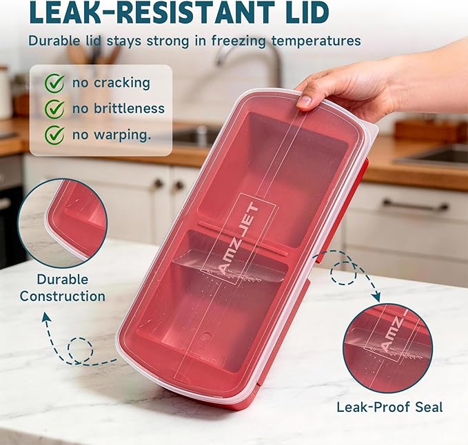 4 Pack Silicone Freezer Trays with Lid - Multi-Size 1-Cup & 2-Cup Portions, Food-Grade Silicone Freezer Molds for Soup & Meal Prep - Large Freezer Storage Containers, Oven & Dishwasher Safe - Red