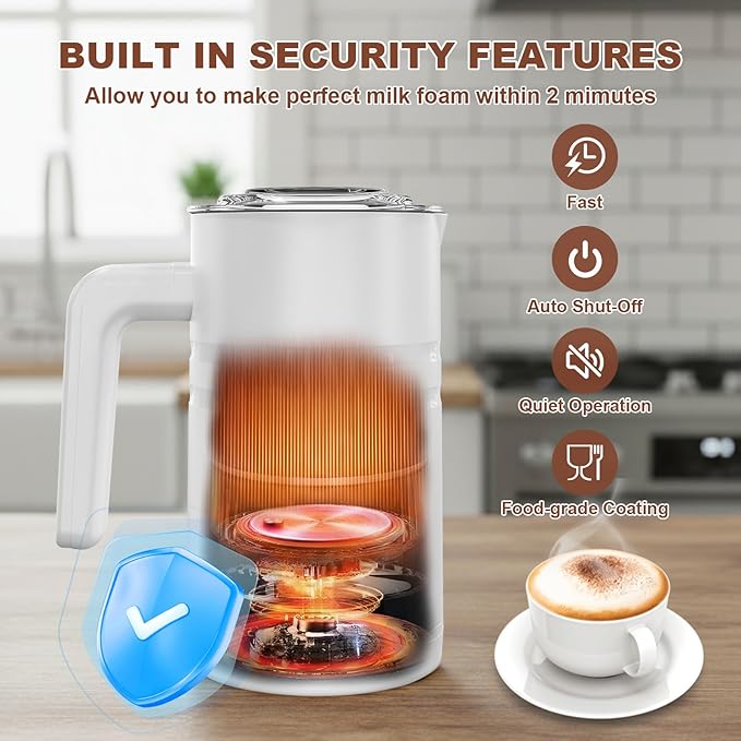 4 in 1 Electric Milk Frother Automatic Hot & Cold Foam Maker Auto Shut-Off Durable Stainless Steel Milk Frother Silent Working Easy to Clean for Hot Chocolate (White-With Digital Display)