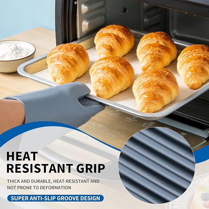 Silicone Oven Mitts, Extended Design, 2 Piece,with Quilted Liner Non-Slip Textured Grip Perfect,Heat Resistant Oven Gloves,for BBQ,Baking