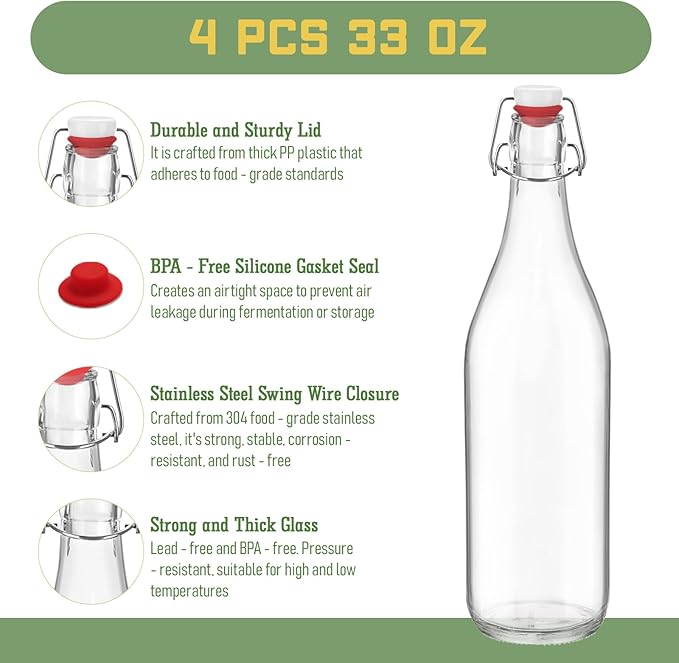 4 Pack [1 Liter / 33 fl. oz.] Swing Top Glass Bottles – Airtight Flip Top Brewing Bottles for Kombucha, Beer, Wine, Kefir, Soda, Liquor – Includes Funnel, 2 Pourers, 6 Seals, 8 Labels & Jute Twine