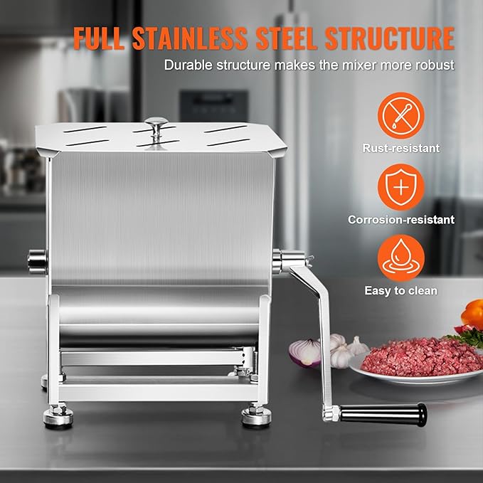 VEVOR Manual Meat Mixer, 15 Pound Capacity Tank Meat Processing Equipment, Stainless Steel Meat Mixer, Sausage Mixer Machine with Lid and Handle, Ground Beef Hand Mixer, Silver(Manual Only)