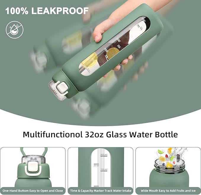 chunmo 32 oz Glass Water Bottles with 2 Lids-Handle Spout Lid & Straw Lid, 1 Liter Motivational Borosilicate Water Bottle with Time Marker and Silicone Sleeve,Leakproof-Olive-1 Pack