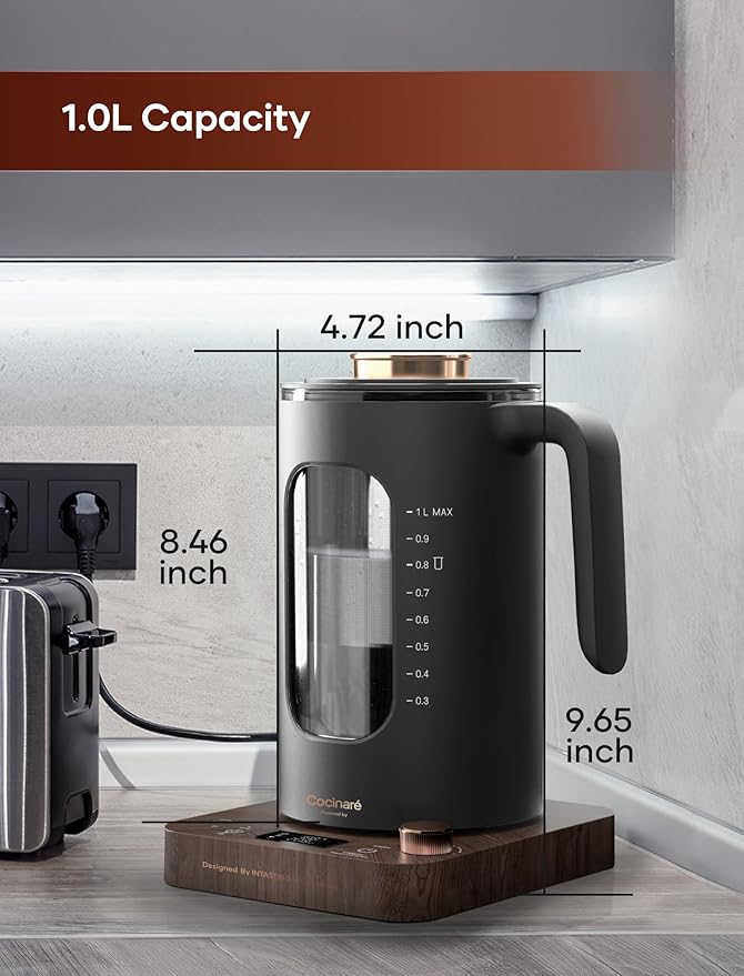 Electric Tea Kettle, INTASTING Glass Electric Kettle with tea Infuser and Precise knob temperature control, 1200W Fast Heating, BPA-Free, Easy to Clean, 1 Liter (Wood)