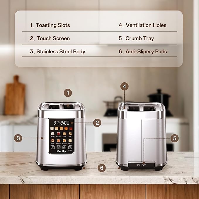 Mecity Motorized Toaster 2 Slice with Touch Screen, Stainless Steel Smart Toaster, 8 Bread Types, 5 Shade Levels, 1200W High Power, Keep Warm Mode, Reheat Defrost Functions, 120V