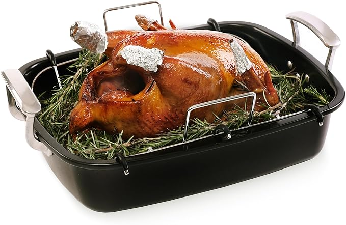 Uukrave Turkey Roasting Pan with Rack (U-Shaped), Extra Large 18.5 x 14.6 Inch Nonstick Roaster Pan for 25 lb Turkey or Chicken, Deep Oven Tray with Wide Handles, Heavy Duty Steel, Nontoxic