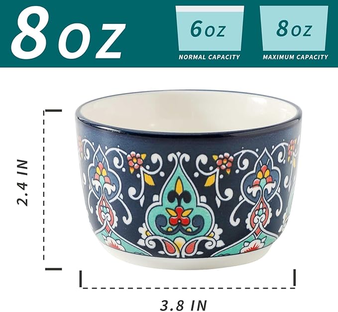 Glowworm 8 Oz Ramekins Set of 6, Ceramic Creme Brulee Ramekins, Colorful Souffle Dishes for Snacks, Ice Cream, Pudding Custard Cups for Baking, Oven & Dishwasher Safe, Bohemian