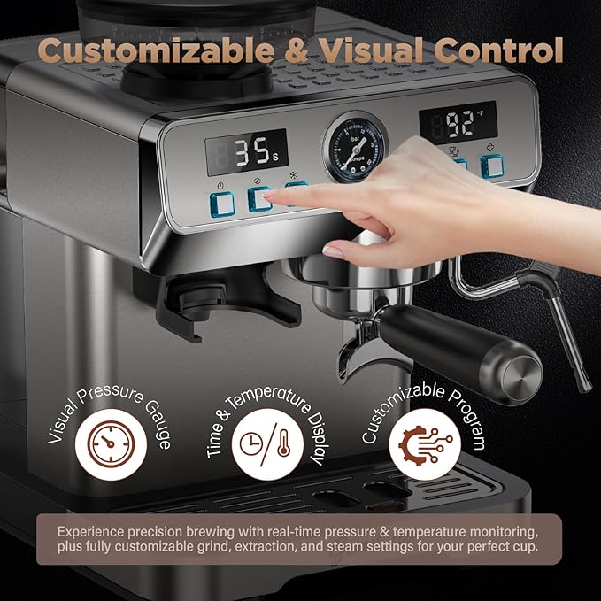 Espresso Machine with Grinder 20 Bar Professional Expresso Coffee Machines for Home Customizable 194℉-203℉ Temp Control Espresso Maker with 68oz Water Tank All-in-One Coffee Maker Cold Brew