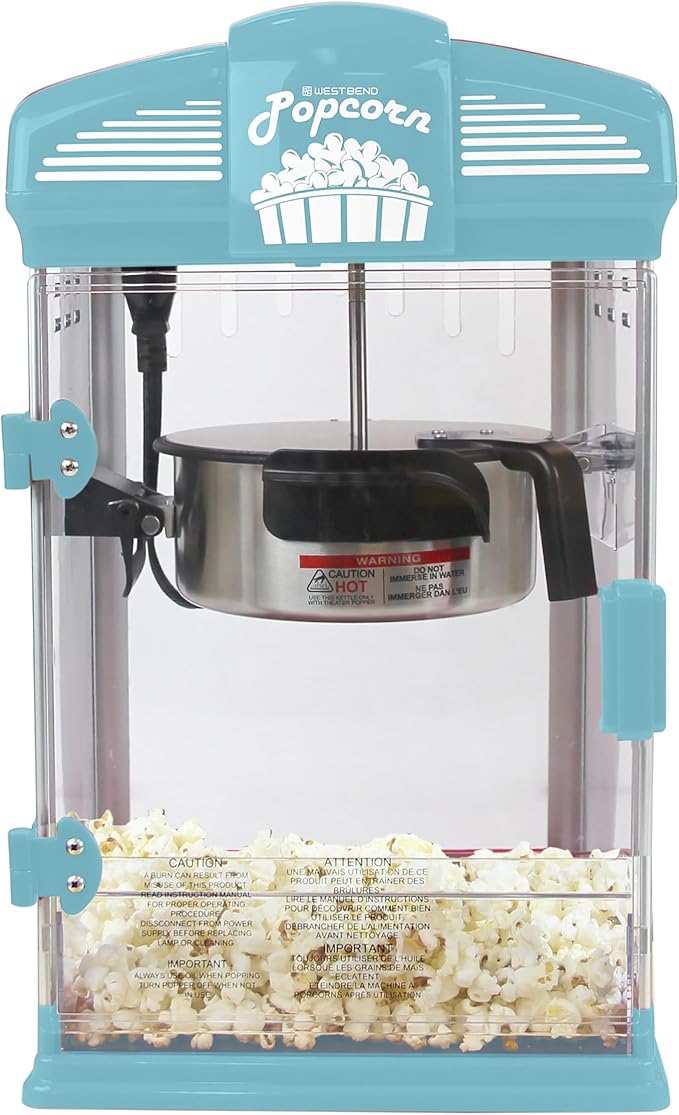 West Bend Stir Crazy Movie Theater Popcorn Popper, Gourmet Popcorn Maker Machine with Nonstick Popcorn Kettle, Measuring Tool and Popcorn Scoop for Popcorn Machine, 4 Qt., Blue