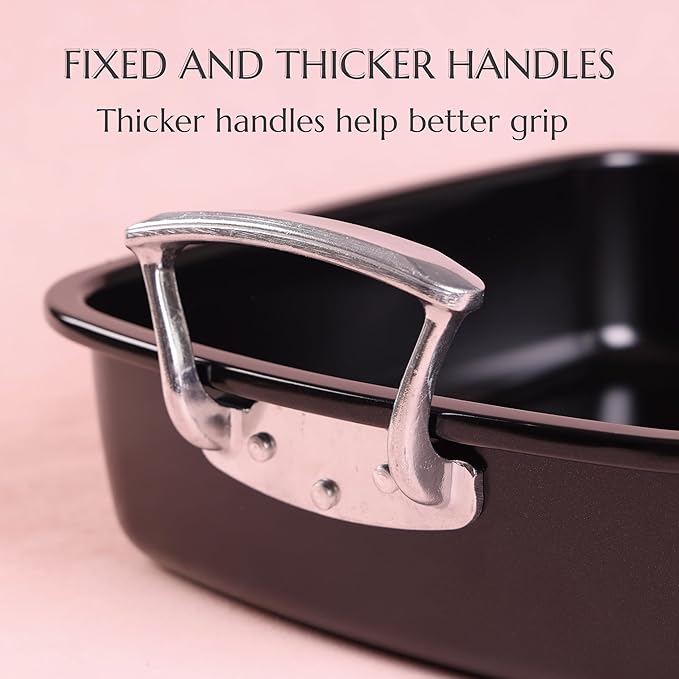 Uukrave Nonstick Turkey Roasting Pan with Rack - Large 18.5 x 14.6 Inch Heavy Duty Roaster for 25 lb Turkey or Chicken, Deep Oven Tray with U-Rack and Wide Handles, Non-Toxic, Black