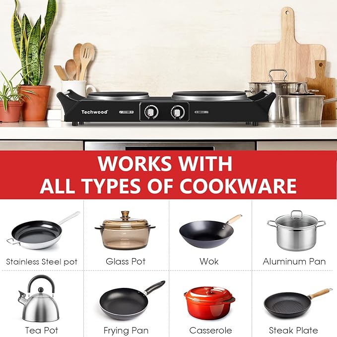 Techwood ES-3203 Hot Plate Electric Double Burner 1800W for Cooking with Adjustable Temperature & Stay Cool Handles, Black Stainless Steel, Compatible for All Cookwares