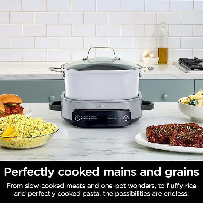 6.5 Quart Stainless Steel Multi-Cooker – Programmable Slow Cooker, Pressure Cooker & More, One-Pot All-in-One Cooker with Digital Controls & Accessories (White) Ninj-a