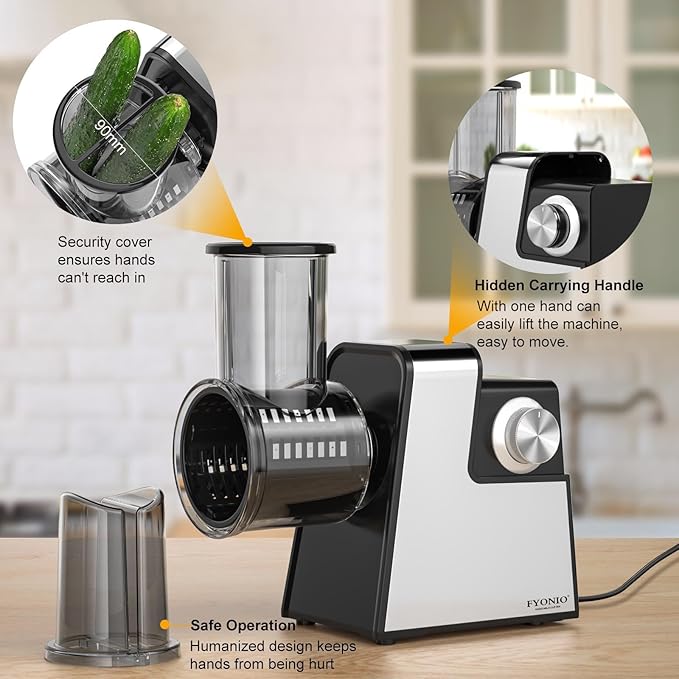 Electric Cheese Grater, 5 in 1 Salad Maker with Stainless Steel Blades, 250W Electric Food Slicer & Shredder, Electric Salad Machine for Cheeses, Fruits, Potatoes, Carrots