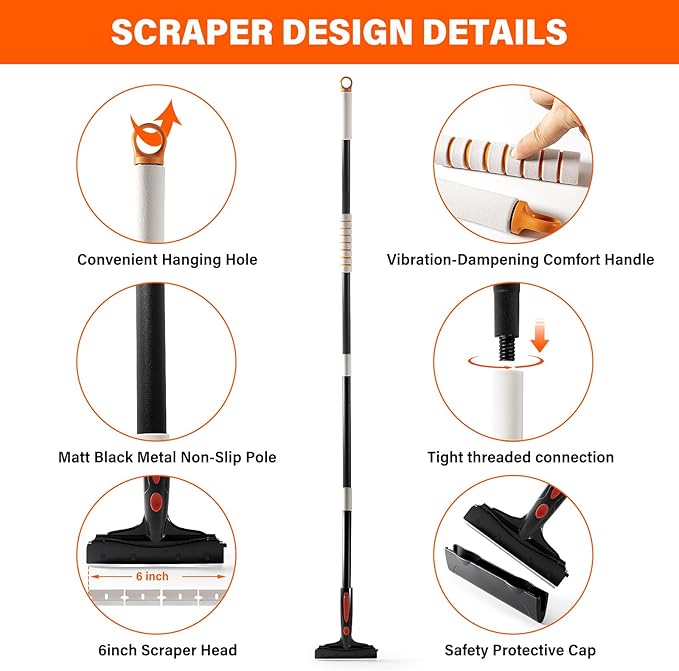 Gomake Extendable Floor Scraper Heavy Duty 6" Wide Razor Blade Scraper Tool with 17‘’-59" （1.4ft- 4.9ft）Long Handle, 10PCS Extra Metal Blades for Cleaning Glass Wall Gum Paint Tile Glue
