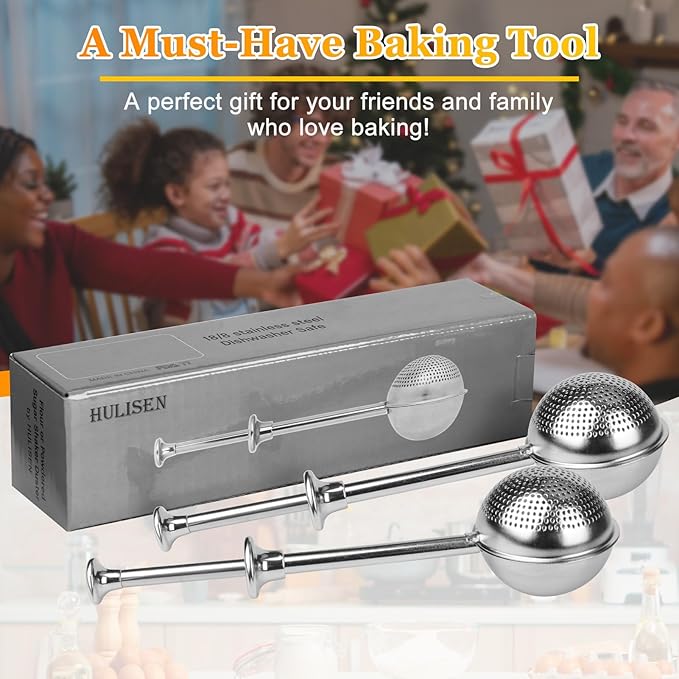 HULISEN Set of 2 Flour Duster for Baking, Powdered Sugar Shaker Duster, 18/8 Stainless Steel Pick Up and Dust Flour Sifter with Spring-operated Handle for Easy One-handed Operation