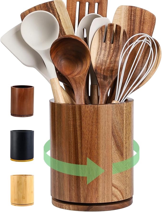 Wooden Utensil Holder, 360°Rotating 7.3'' Large Utensil Holder for Kitchen Counter, Kitchen Utensil Organizer, Utensil Crock, Farmhouse Kitchens Countertop Decor, Acacia Wood