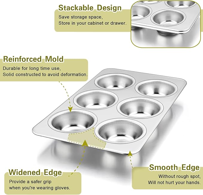 P&P CHEF Muffin Pan Cupcake Baking Pan Set, Stainless Steel Muffin Tin Tray for Mini Cake Tart Quiche, Oven & Dishwasher Safe, Non-toxic & Heavy-duty, (6 Cup, 2Pcs)