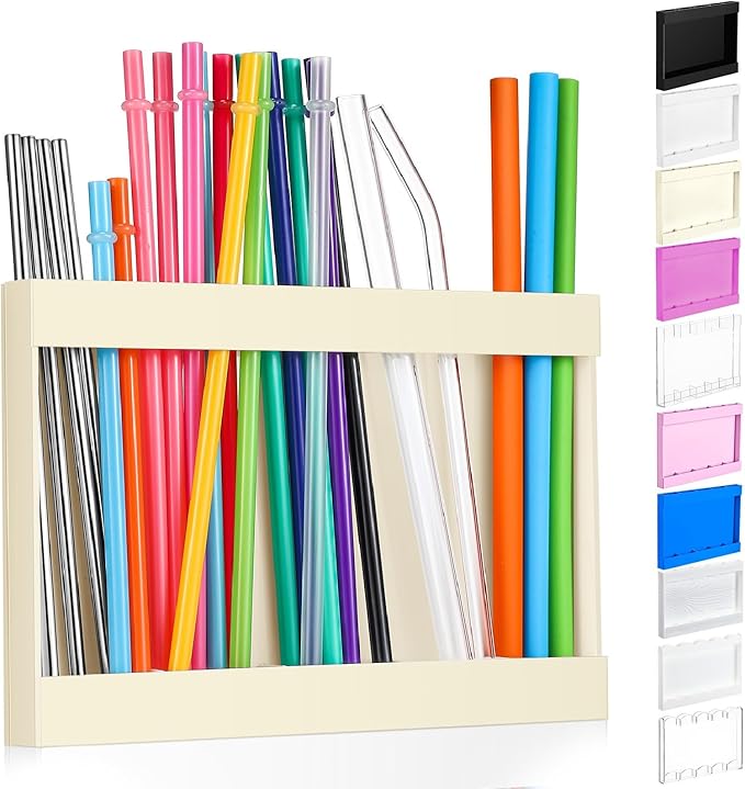 Qinyoung Acrylic Straw Holder for Cabinet Door with Double Sided Adhesive Tape Reusable Straw Organizer Tumbler Storage Kitchen Accessories Container for Counter Cupboard(Classic,Large,Milky Yellow)