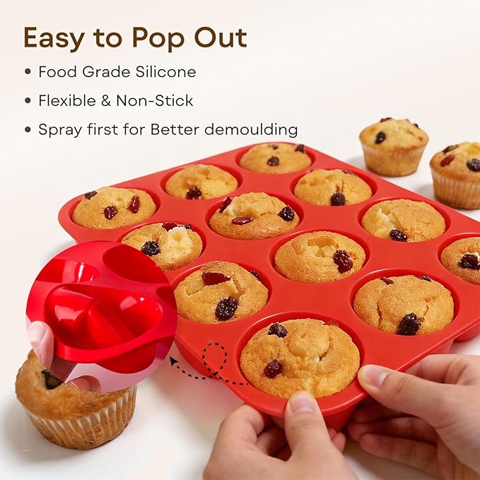 Silicone Muffin Pans for Baking Nonstick 2 Pcs, 12 Cup Regular Cupcake Pan, Food-Grade Silicone Baking Molds for Cupcakes, Egg Bites, Freezer, Red