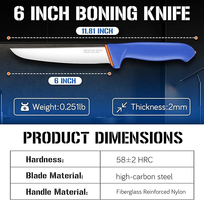 DRAGON RIOT Boning Knife 6 Inch,Ultra Sharp German Stainless Steel,Professional Meat Trimming Knife with Ergonomic Anti-Slip Handle,Ideal for Butchering, Trimming, Fish, Poultry