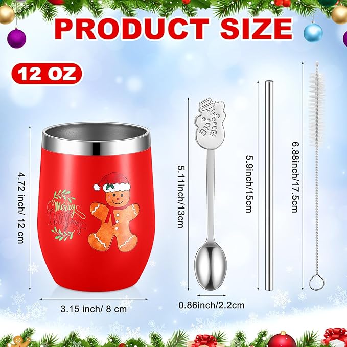 Sliner 16 Pcs Christmas Funny Wine Tumbler Spoon Set 12 Oz Stainless Steel Tumbler with Straw Brush Double Wall Insulated Travel Coffee Mug for Christmas Xmas Party Decorations Holiday Gift (Colorful)