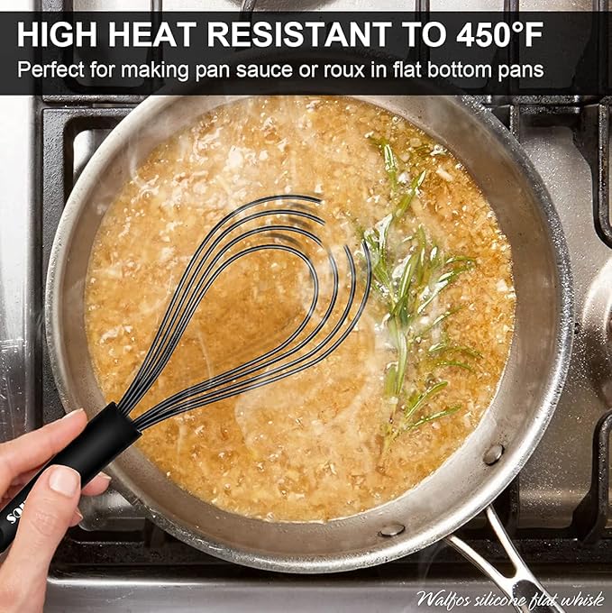 Walfos Silicone Flat Whisk,11inch Flat Whisk Non Scratch Coated Flat Whisks for Cooking.Great for Ceramic Coated pans and Wider shallower pots.Black