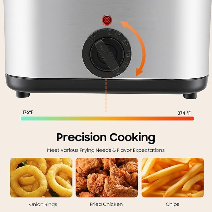 1000W Deep Fryer with Basket, 2.64QT Stainless Steel Electric Deep Fryer for Home Use, Fryer with Adjustable Temperature 176-374°F & Detachable Basket for Chicken, French Fries, Shrimp, Donuts