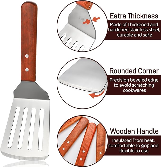 4 Pack Stainless Steel Spatula Set, 2 Sizes Metal Spatulas for Kitchen Use, Hevy Duty Solid & Slotted Turner with Wooden Handle, Flat Top Grill Spatula for Egg, Hamburger, Fish, Cooking, BBQ