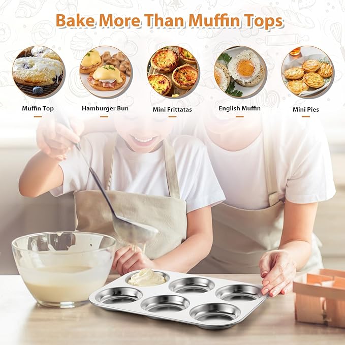 E-far Muffin Top Pan Set of 2, Stainless Steel 6-Cavity Shallow Cupcake Pan for Baking Whoopie Pie, Yorkshire Pudding, Eggs, Cornbread, Drop Cookies, Non-toxic & Standard Size, Oven & Dishwasher Safe