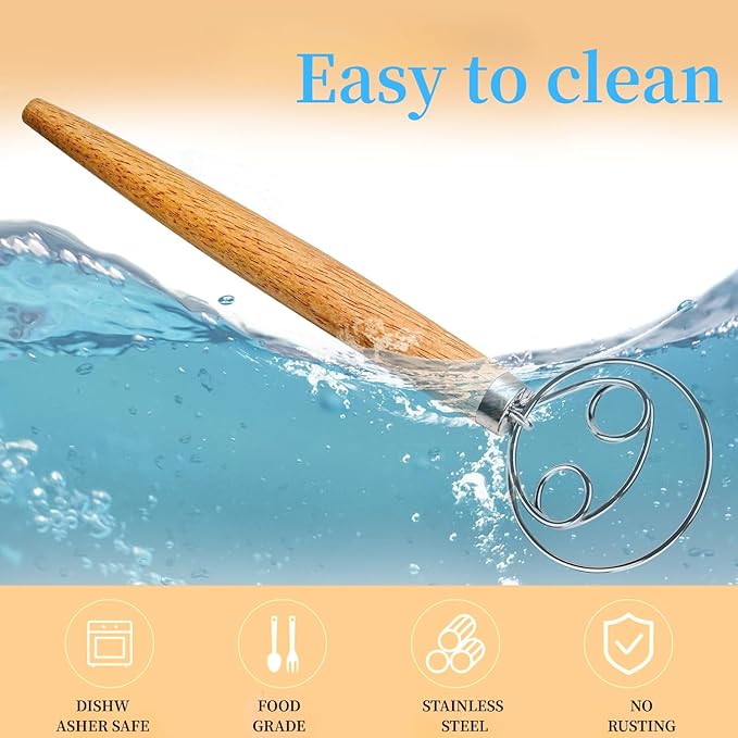 Danish Dough Whisk Stainless Steel Dough Hook Dutch Whisk for Sourdough Bread Dough Mixer Hand Wooden Handle Kitchen Whisking Mixing Tool Bread Making Tools and Supplies pizza dough