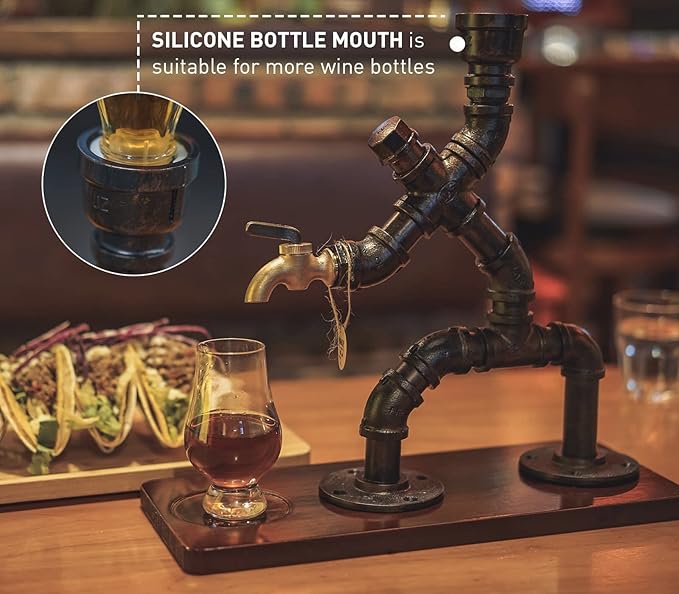 Handcrafted Liquor Dispenser- Steampunk Pipe Decor, Industrial Whiskey Holder, Rustic Style, Bar Accessories For Home Bar Art (1 Bottle) (Brown)