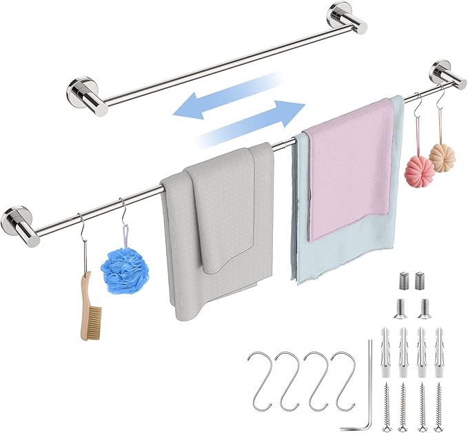 Adjustable Single Bath Towel Bar 23.6 to 42 Inch, ZUEXT Polish Chrome Finished Stainless Steel Towel Holder, Expandable Wall Mounted Towel Rail for Bathroom Kitchen Washroom,1" Tube Towel Rail Racks