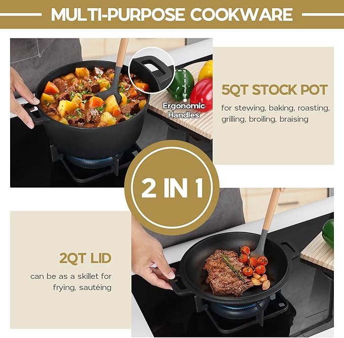 TeamFar Pre-season Cast Iron Dutch Oven with Skillet Lid, 2-in-1 Cast Iron Bread Pan Skillet Cookware with Dual Handles for Bread Baking, Frying, Camping, 5QT