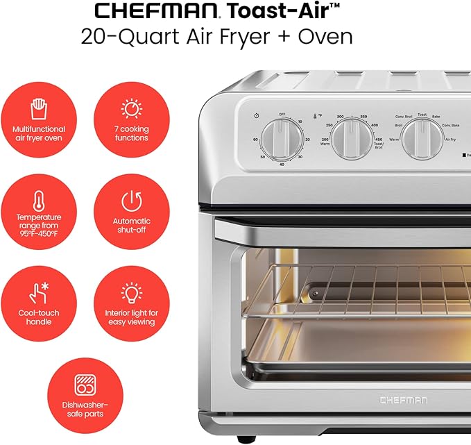 Chefman Air Fryer Toaster Oven XL 20L, Healthy Cooking & User Friendly, Countertop Convection Bake & Broil, 7 Cooking Functions, Auto Shut-Off 60 Min Timer, Nonstick Stainless Steel, Cookbook Included