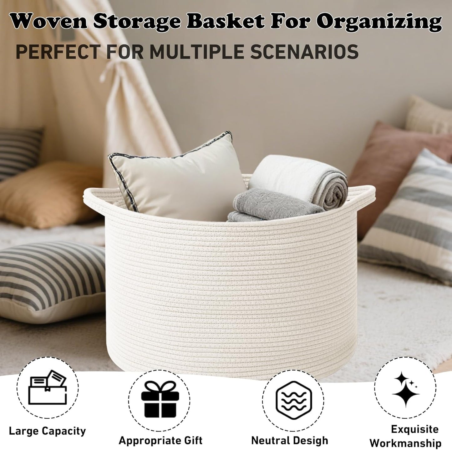 Large Blanket Basket for Organizing,65L Closet Organizers and Storage Bins Box for Shelves Woven Rope Storage Baskets,Living Room,Bedroom,Dorm,Laundry room (White)